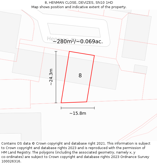 8, HENMAN CLOSE, DEVIZES, SN10 1HD: Plot and title map