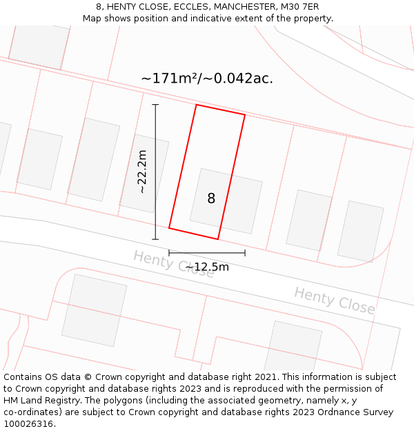 8, HENTY CLOSE, ECCLES, MANCHESTER, M30 7ER: Plot and title map