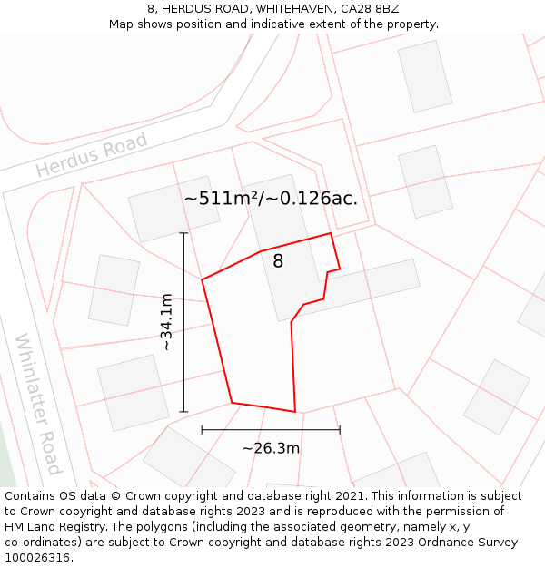 8, HERDUS ROAD, WHITEHAVEN, CA28 8BZ: Plot and title map