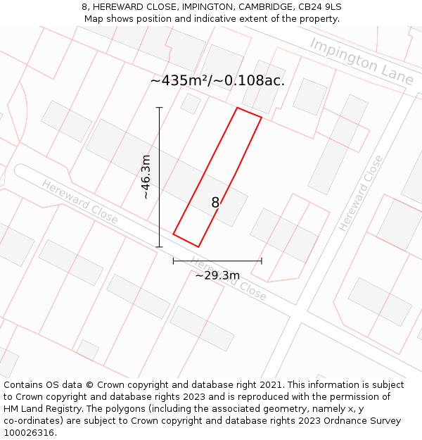 8, HEREWARD CLOSE, IMPINGTON, CAMBRIDGE, CB24 9LS: Plot and title map