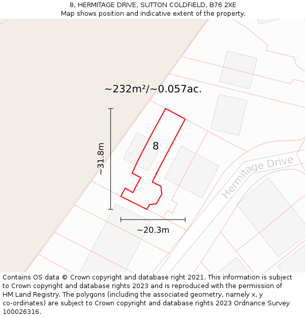 8, HERMITAGE DRIVE, SUTTON COLDFIELD, B76 2XE: Plot and title map