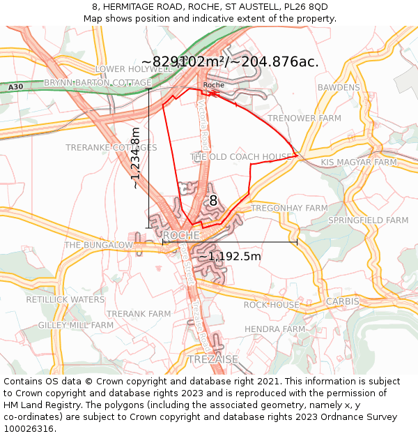8, HERMITAGE ROAD, ROCHE, ST AUSTELL, PL26 8QD: Plot and title map