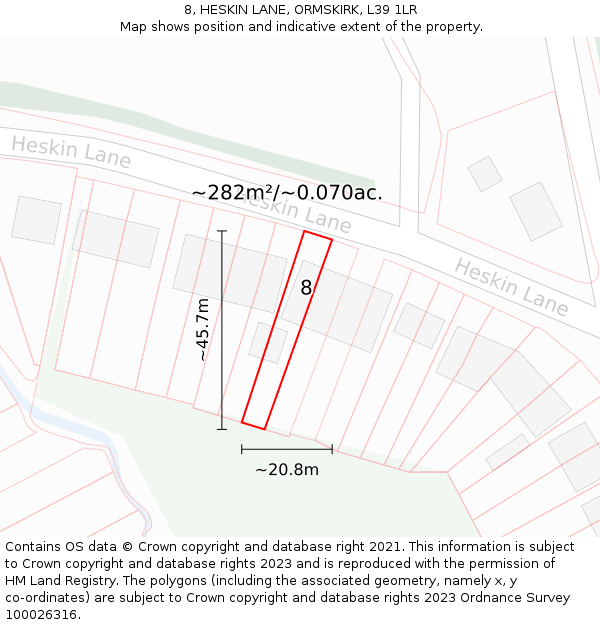 8, HESKIN LANE, ORMSKIRK, L39 1LR: Plot and title map