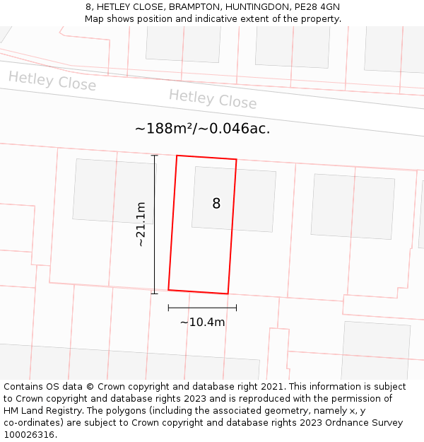 8, HETLEY CLOSE, BRAMPTON, HUNTINGDON, PE28 4GN: Plot and title map