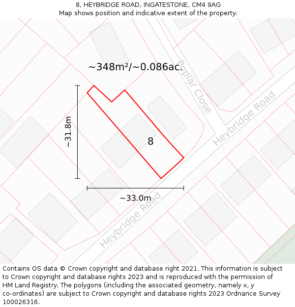 8, HEYBRIDGE ROAD, INGATESTONE, CM4 9AG: Plot and title map