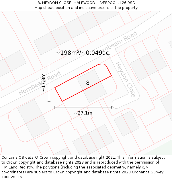8, HEYDON CLOSE, HALEWOOD, LIVERPOOL, L26 9SD: Plot and title map