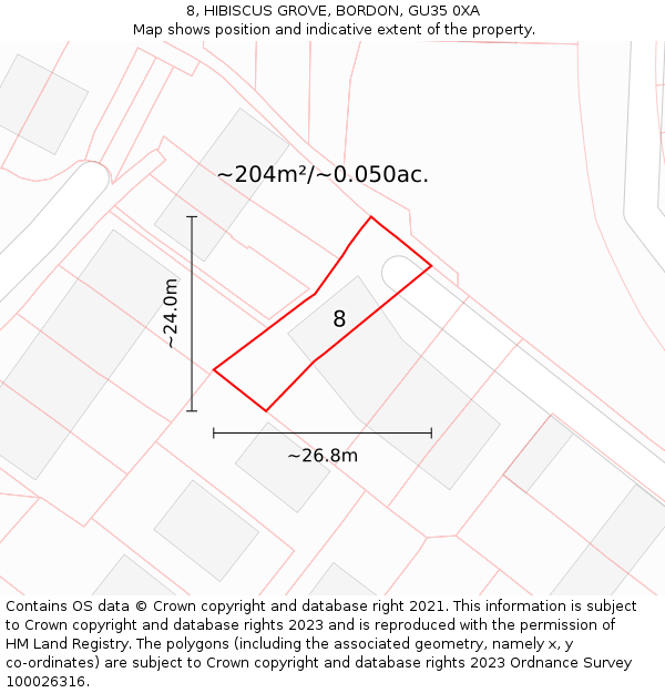 8, HIBISCUS GROVE, BORDON, GU35 0XA: Plot and title map