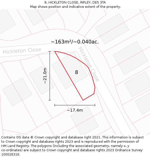 8, HICKLETON CLOSE, RIPLEY, DE5 3TA: Plot and title map