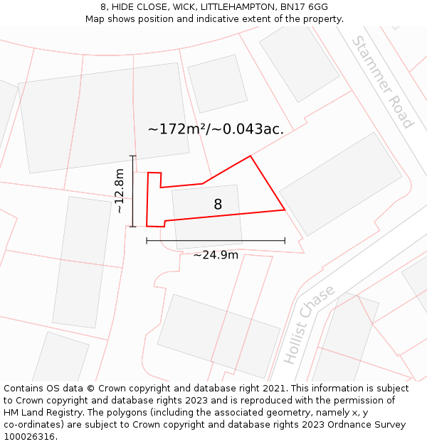 8, HIDE CLOSE, WICK, LITTLEHAMPTON, BN17 6GG: Plot and title map
