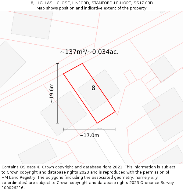 8, HIGH ASH CLOSE, LINFORD, STANFORD-LE-HOPE, SS17 0RB: Plot and title map