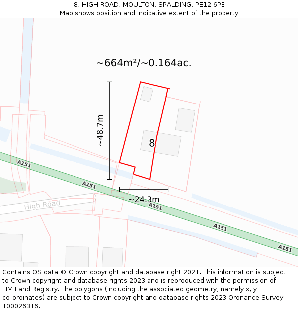 8, HIGH ROAD, MOULTON, SPALDING, PE12 6PE: Plot and title map