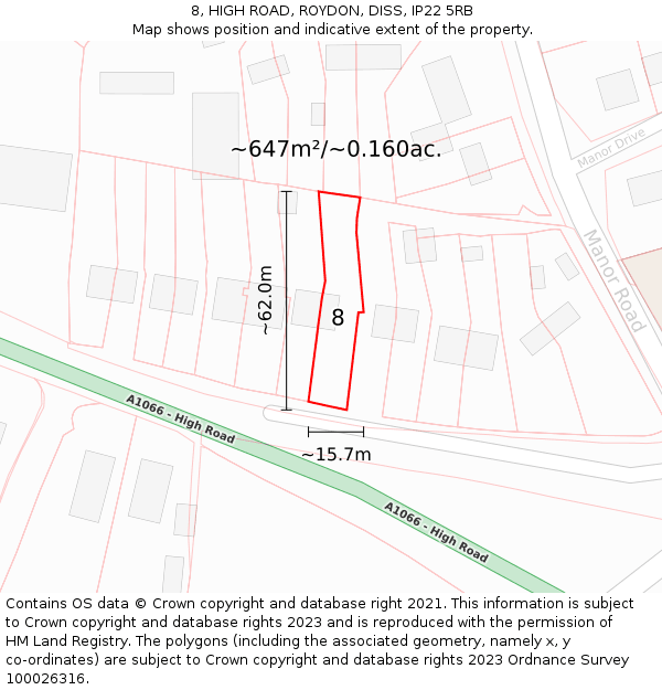 8, HIGH ROAD, ROYDON, DISS, IP22 5RB: Plot and title map