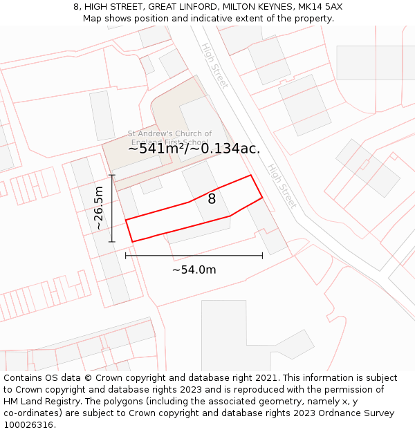 8, HIGH STREET, GREAT LINFORD, MILTON KEYNES, MK14 5AX: Plot and title map