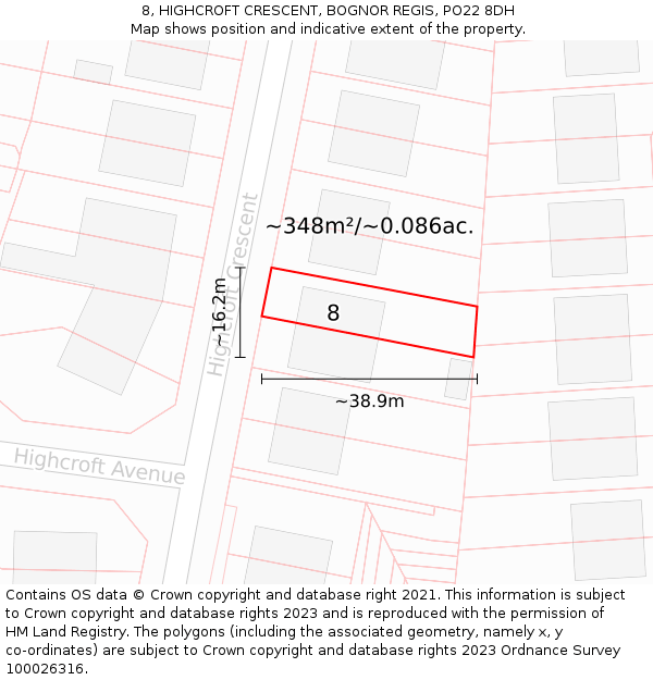 8, HIGHCROFT CRESCENT, BOGNOR REGIS, PO22 8DH: Plot and title map
