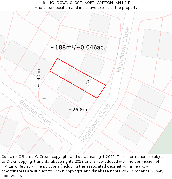 8, HIGHDOWN CLOSE, NORTHAMPTON, NN4 8JT: Plot and title map
