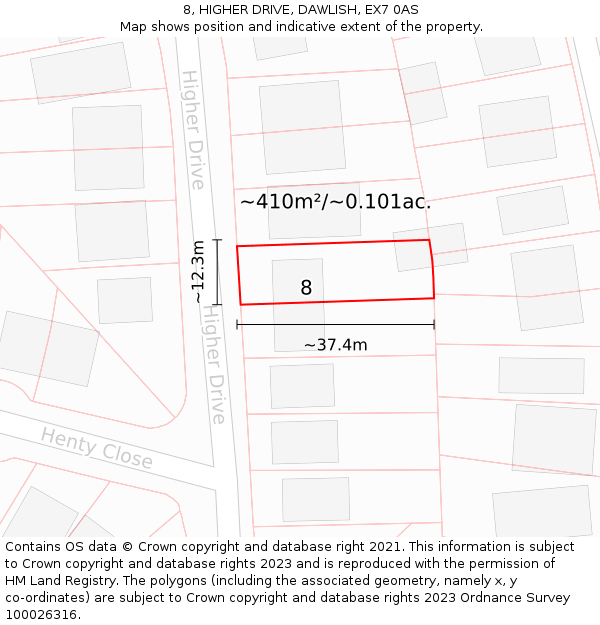 8, HIGHER DRIVE, DAWLISH, EX7 0AS: Plot and title map