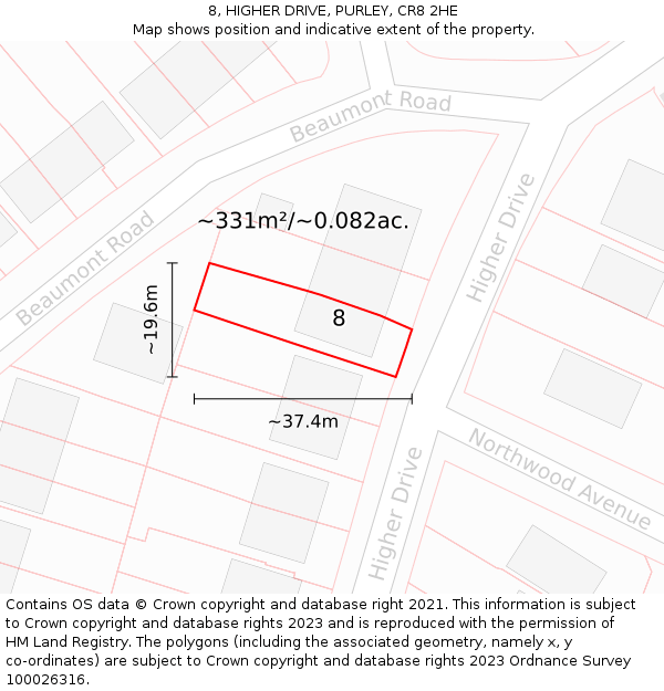 8, HIGHER DRIVE, PURLEY, CR8 2HE: Plot and title map