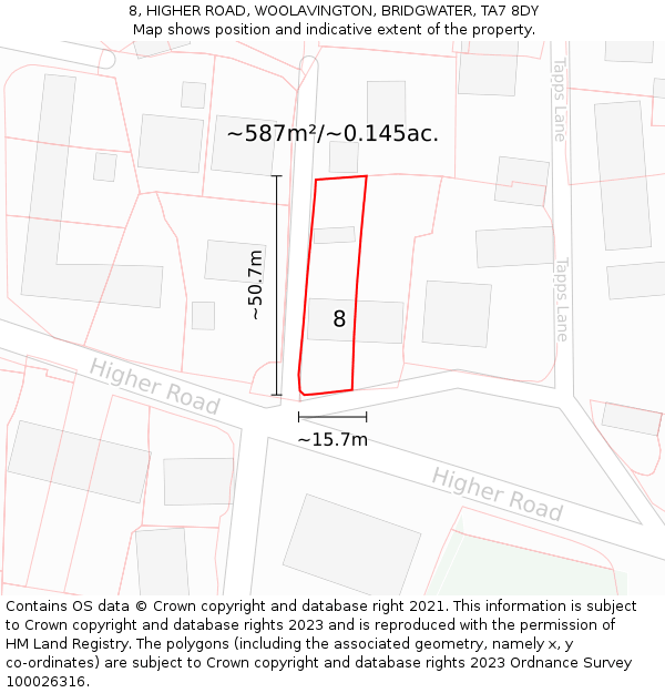 8, HIGHER ROAD, WOOLAVINGTON, BRIDGWATER, TA7 8DY: Plot and title map
