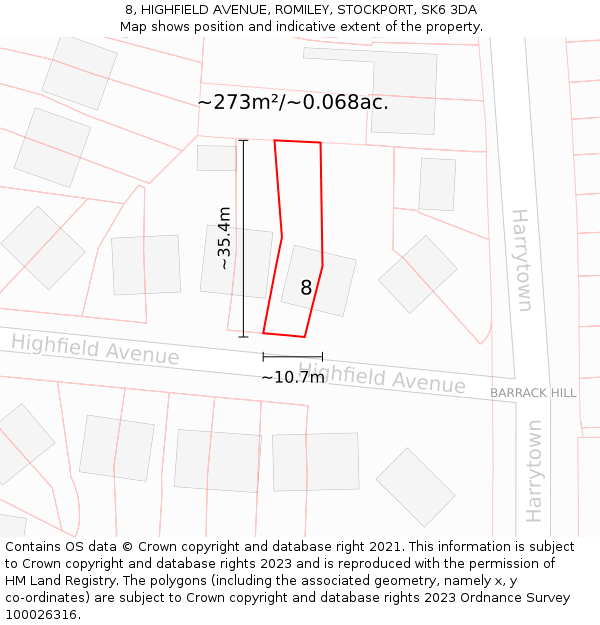 8, HIGHFIELD AVENUE, ROMILEY, STOCKPORT, SK6 3DA: Plot and title map