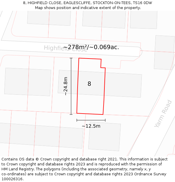 8, HIGHFIELD CLOSE, EAGLESCLIFFE, STOCKTON-ON-TEES, TS16 0DW: Plot and title map
