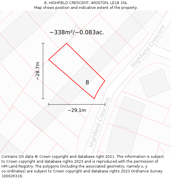 8, HIGHFIELD CRESCENT, WIGSTON, LE18 1NL: Plot and title map
