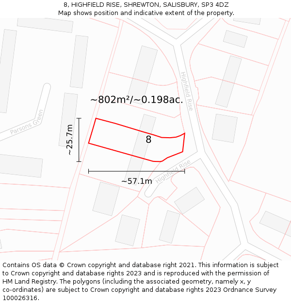 8, HIGHFIELD RISE, SHREWTON, SALISBURY, SP3 4DZ: Plot and title map