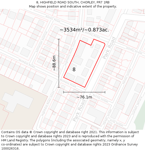 8, HIGHFIELD ROAD SOUTH, CHORLEY, PR7 1RB: Plot and title map