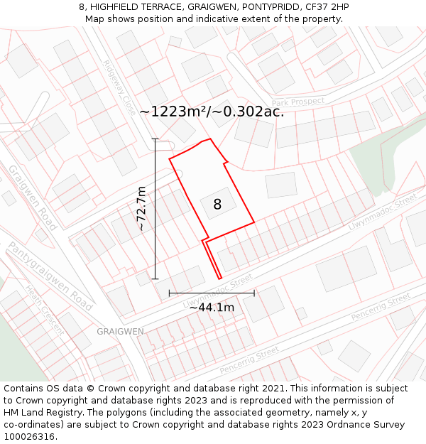 8, HIGHFIELD TERRACE, GRAIGWEN, PONTYPRIDD, CF37 2HP: Plot and title map