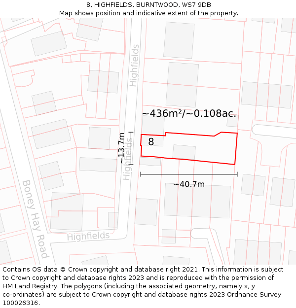 8, HIGHFIELDS, BURNTWOOD, WS7 9DB: Plot and title map