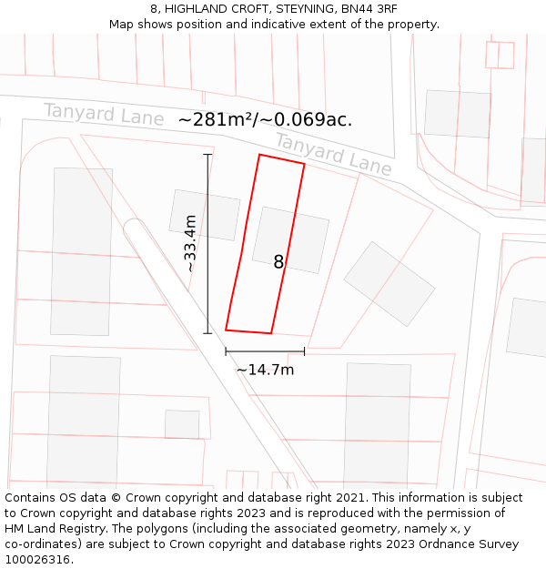 8, HIGHLAND CROFT, STEYNING, BN44 3RF: Plot and title map