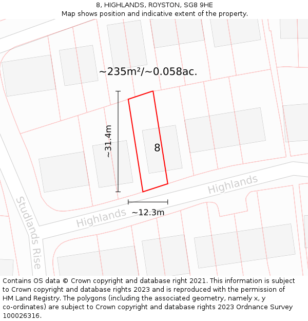 8, HIGHLANDS, ROYSTON, SG8 9HE: Plot and title map