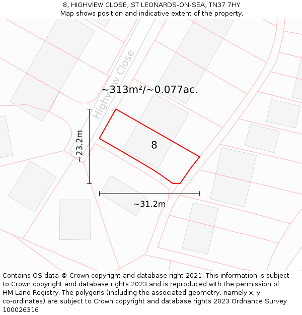 8, HIGHVIEW CLOSE, ST LEONARDS-ON-SEA, TN37 7HY: Plot and title map