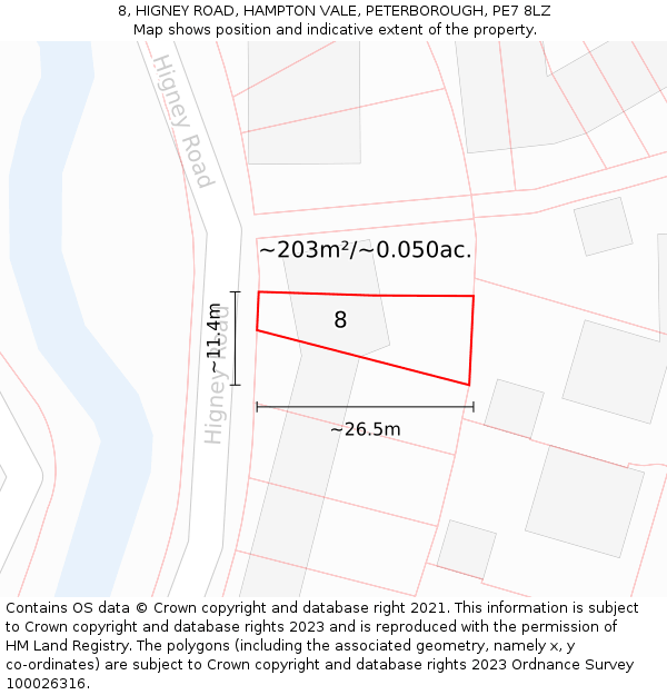 8, HIGNEY ROAD, HAMPTON VALE, PETERBOROUGH, PE7 8LZ: Plot and title map