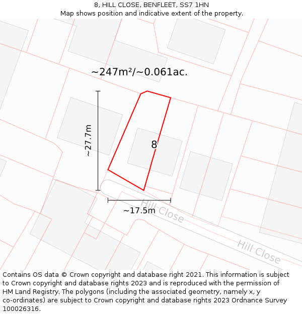 8, HILL CLOSE, BENFLEET, SS7 1HN: Plot and title map