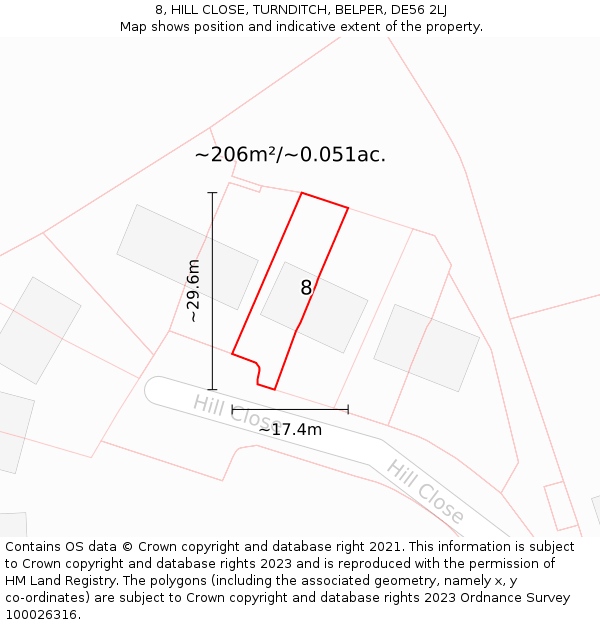 8, HILL CLOSE, TURNDITCH, BELPER, DE56 2LJ: Plot and title map