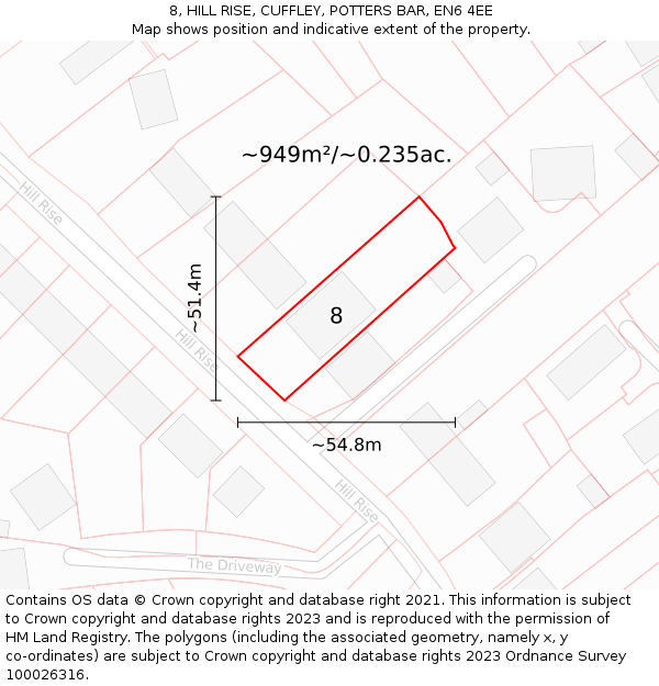 8, HILL RISE, CUFFLEY, POTTERS BAR, EN6 4EE: Plot and title map
