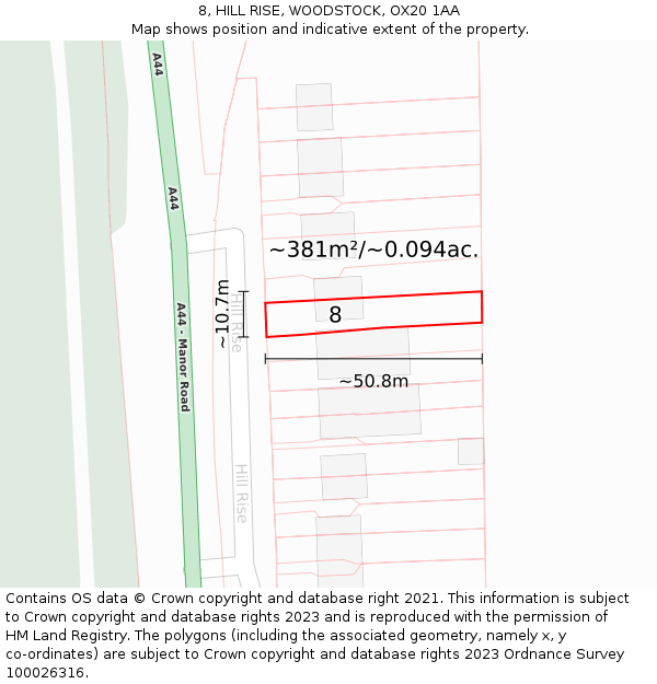 8, HILL RISE, WOODSTOCK, OX20 1AA: Plot and title map