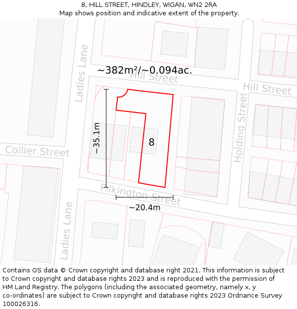 8, HILL STREET, HINDLEY, WIGAN, WN2 2RA: Plot and title map