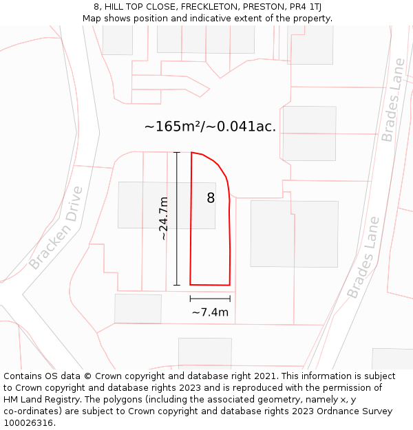 8, HILL TOP CLOSE, FRECKLETON, PRESTON, PR4 1TJ: Plot and title map