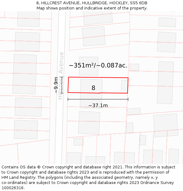 8, HILLCREST AVENUE, HULLBRIDGE, HOCKLEY, SS5 6DB: Plot and title map