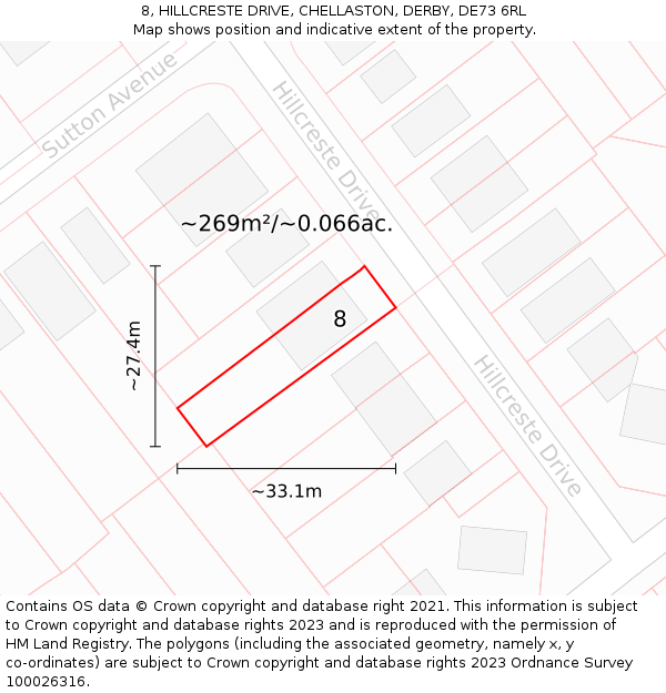 8, HILLCRESTE DRIVE, CHELLASTON, DERBY, DE73 6RL: Plot and title map