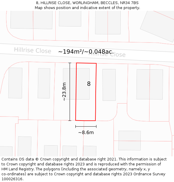 8, HILLRISE CLOSE, WORLINGHAM, BECCLES, NR34 7BS: Plot and title map