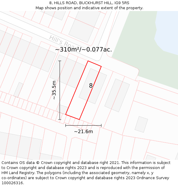 8, HILLS ROAD, BUCKHURST HILL, IG9 5RS: Plot and title map