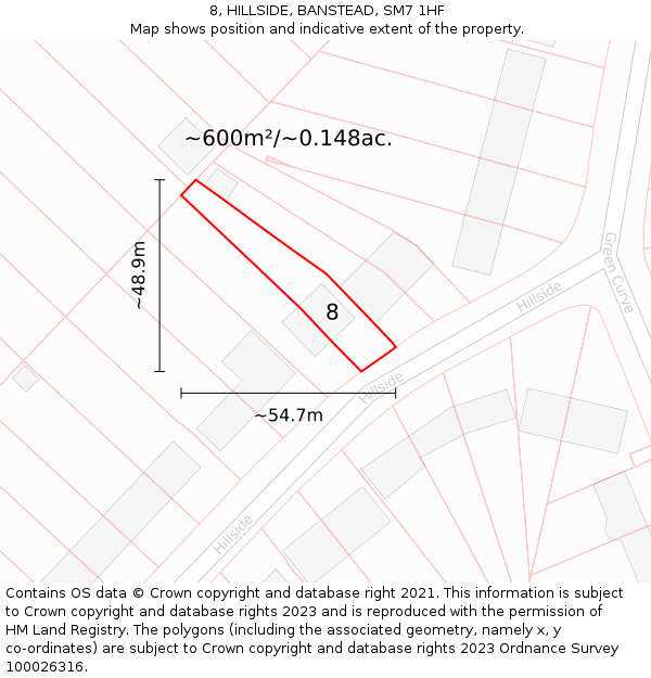 8, HILLSIDE, BANSTEAD, SM7 1HF: Plot and title map