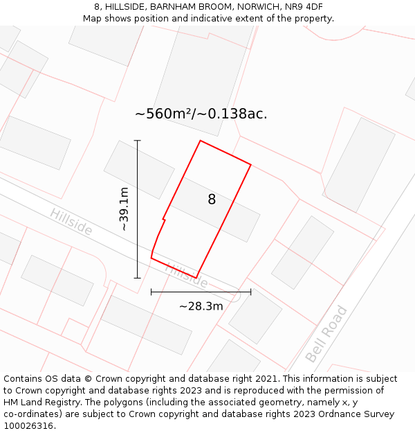 8, HILLSIDE, BARNHAM BROOM, NORWICH, NR9 4DF: Plot and title map