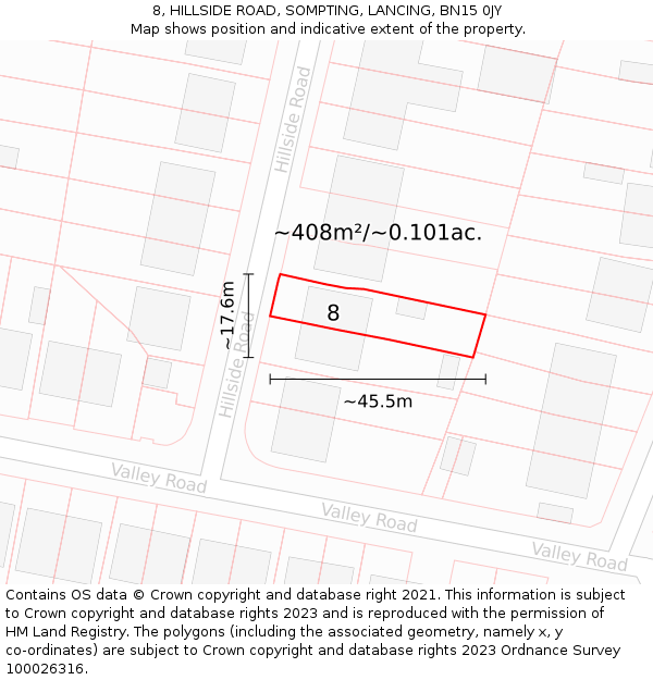 8, HILLSIDE ROAD, SOMPTING, LANCING, BN15 0JY: Plot and title map