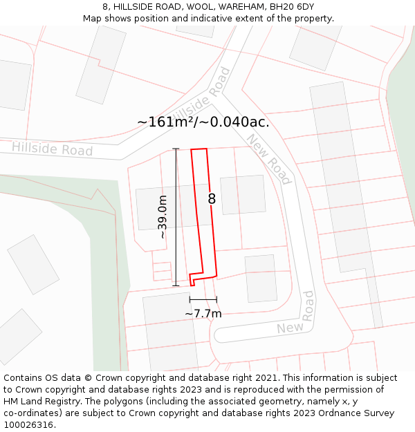 8, HILLSIDE ROAD, WOOL, WAREHAM, BH20 6DY: Plot and title map