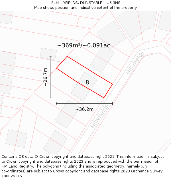 8, HILLYFIELDS, DUNSTABLE, LU6 3NS: Plot and title map