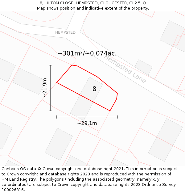 8, HILTON CLOSE, HEMPSTED, GLOUCESTER, GL2 5LQ: Plot and title map