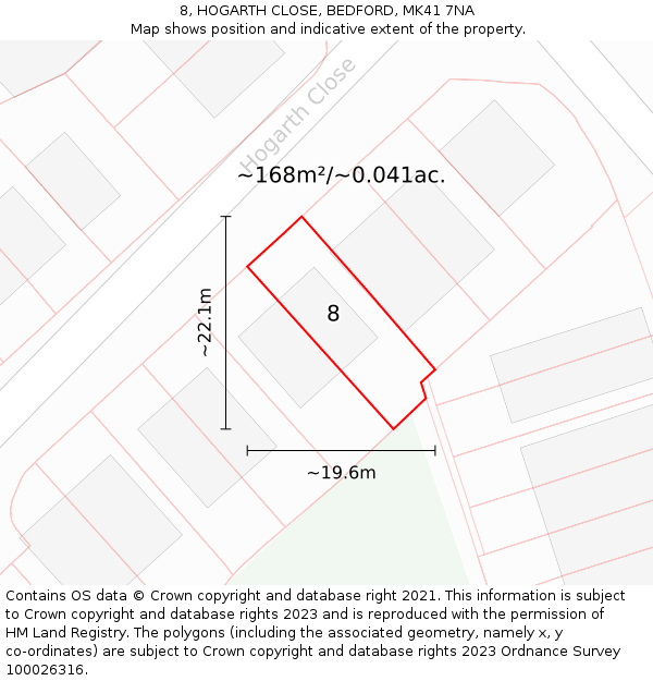 8, HOGARTH CLOSE, BEDFORD, MK41 7NA: Plot and title map
